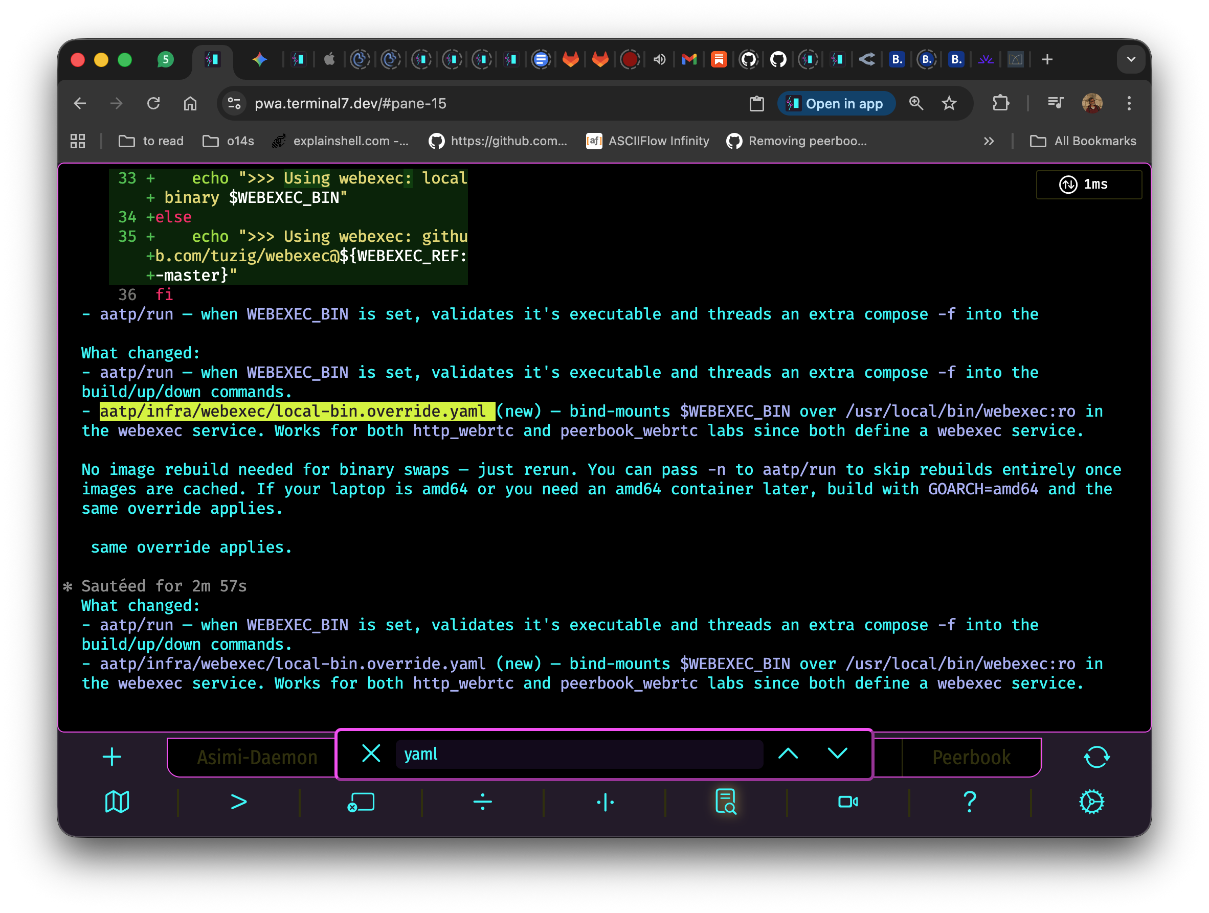 Terminal7 pane in copy mode: a yellow-highlighted selection on a filename, with the scrollback search bar showing a 'yaml' query